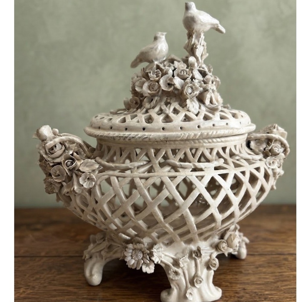 Vintage Ceramic Lattice Centerpiece Bowl with Lid Birds and Roses Cream 13in